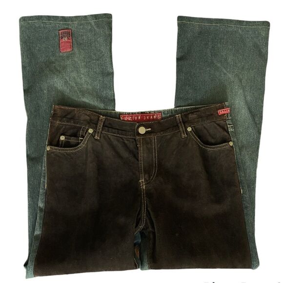 Y2K Vintage Fuzion Pouttana Brown Suede Front Jean Two Tone Straight Jeans Sz 12 - Picture 2 of 15